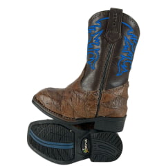 Bota Texana Infantil Strut Bico Quadrado Couro Avestruz Escamada Tabaco Cano Bordado Azul Escuro E Com Zíper Ref:ST2002
