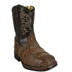 Bota Texana Infantil Strut Bico Quadrado Couro Avestruz Escamado Tabaco Cano Marrom Bordado Bege Ref:St2002