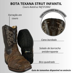 Bota Texana Infantil Strut Bico Quadrado Couro Avestruz Escamado Tabaco Cano Marrom Bordado Bege Ref:St2002