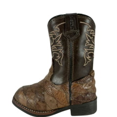 Bota Texana Infantil Strut Bico Quadrado Couro Avestruz Escamado Tabaco Cano Marrom Bordado Bege Ref:St2002