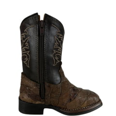 Bota Texana Infantil Strut Bico Quadrado Couro Avestruz Escamado Tabaco Cano Marrom Bordado Bege Ref:St2002