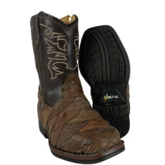 Bota Texana Infantil Strut Bico Quadrado Couro Avestruz Escamado Tabaco Cano Marrom Bordado Bege Ref:St2002