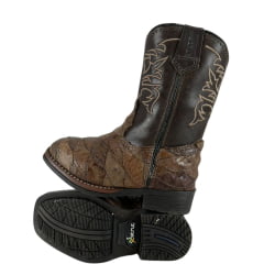 Bota Texana Infantil Strut Bico Quadrado Couro Avestruz Escamado Tabaco Cano Marrom Bordado Bege Ref:St2002