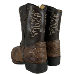 Bota Texana Infantil Strut Bico Quadrado Couro Avestruz Escamado Tabaco Cano Marrom Bordado Bege Ref:St2002