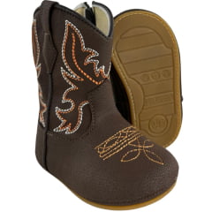 Bota Texana Infantil Walk Baby Bico Redondo Café Com Bordado Laranja Branco E Zíper Ref:020-045-001 Bota Texana Infantil Walk Baby Bico Redondo Café Com Bordado Laranja Branco E Zíper Ref:020-045-001