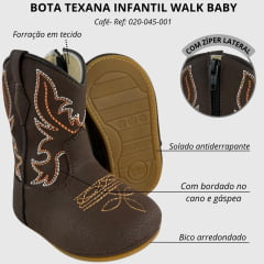 Bota Texana Infantil Walk Baby Bico Redondo Café Com Bordado Laranja Branco E Zíper Ref:020-045-001