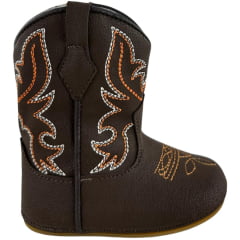 Bota Texana Infantil Walk Baby Bico Redondo Café Com Bordado Laranja Branco E Zíper Ref:020-045-001