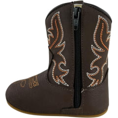 Bota Texana Infantil Walk Baby Bico Redondo Café Com Bordado Laranja Branco E Zíper Ref:020-045-001