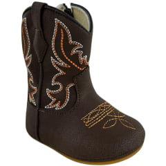 Bota Texana Infantil Walk Baby Bico Redondo Café Com Bordado Laranja Branco E Zíper Ref:020-045-001