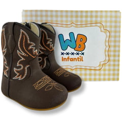 Bota Texana Infantil Walk Baby Bico Redondo Café Com Bordado Laranja Branco E Zíper Ref:020-045-001