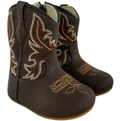 Bota Texana Infantil Walk Baby Bico Redondo Café Com Bordado Laranja Branco E Zíper Ref:020-045-001