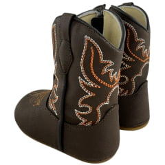Bota Texana Infantil Walk Baby Bico Redondo Café Com Bordado Laranja Branco E Zíper Ref:020-045-001