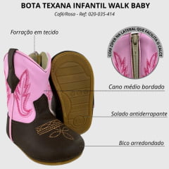 Bota Texana Infantil Walk Baby Bico Redondo Café/Rosa Bordado Com Zíper Ref: 020-035-414