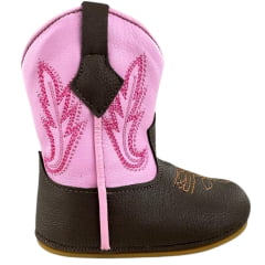 Bota Texana Infantil Walk Baby Bico Redondo Café/Rosa Bordado Com Zíper Ref: 020-035-414