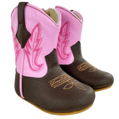 Bota Texana Infantil Walk Baby Bico Redondo Café/Rosa Bordado Com Zíper Ref: 020-035-414