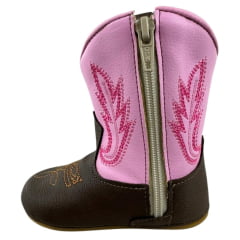 Bota Texana Infantil Walk Baby Bico Redondo Café/Rosa Bordado Com Zíper Ref: 020-035-414