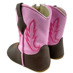 Bota Texana Infantil Walk Baby Bico Redondo Café/Rosa Bordado Com Zíper Ref: 020-035-414