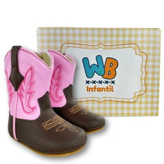 Bota Texana Infantil Walk Baby Bico Redondo Café/Rosa Bordado Com Zíper Ref: 020-035-414