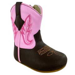 Bota Texana Infantil Walk Baby Bico Redondo Café/Rosa Bordado Com Zíper Ref: 020-035-414