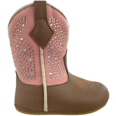 Bota Texana Infantil Walk Baby Bico Redondo Caramelo/Rosa Brilho De Strass Com Zíper Ref: 020-033-410