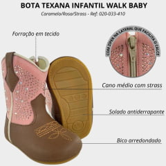 Bota Texana Infantil Walk Baby Bico Redondo Caramelo/Rosa Brilho De Strass Com Zíper Ref: 020-033-410