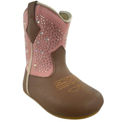 Bota Texana Infantil Walk Baby Bico Redondo Caramelo/Rosa Brilho De Strass Com Zíper Ref: 020-033-410