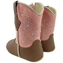 Bota Texana Infantil Walk Baby Bico Redondo Caramelo/Rosa Brilho De Strass Com Zíper Ref: 020-033-410