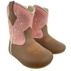 Bota Texana Infantil Walk Baby Bico Redondo Caramelo/Rosa Brilho De Strass Com Zíper Ref: 020-033-410