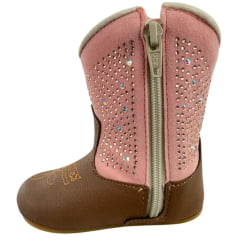 Bota Texana Infantil Walk Baby Bico Redondo Caramelo/Rosa Brilho De Strass Com Zíper Ref: 020-033-410