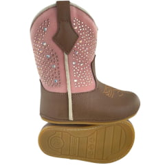 Bota Texana Infantil Walk Baby Bico Redondo Caramelo/Rosa Brilho De Strass Com Zíper Ref: 020-033-410