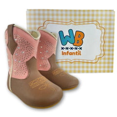 Bota Texana Infantil Walk Baby Bico Redondo Caramelo/Rosa Brilho De Strass Com Zíper Ref: 020-033-410