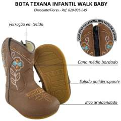 Bota Texana Infantil Walk Baby Bico Redondo Chocolate Bordado Flores Com Zíper Ref: 020-038-049