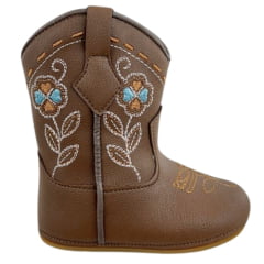 Bota Texana Infantil Walk Baby Bico Redondo Chocolate Bordado Flores Com Zíper Ref: 020-038-049
