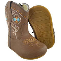 Bota Texana Infantil Walk Baby Bico Redondo Chocolate Bordado Flores Com Zíper Ref: 020-038-049 Bota Texana Infantil Walk Baby Bico Redondo Chocolate Bordado Flores Com Zíper Ref: 020-038-049