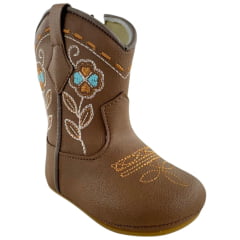 Bota Texana Infantil Walk Baby Bico Redondo Chocolate Bordado Flores Com Zíper Ref: 020-038-049