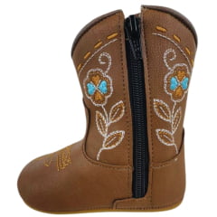 Bota Texana Infantil Walk Baby Bico Redondo Chocolate Bordado Flores Com Zíper Ref: 020-038-049