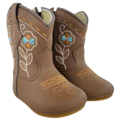 Bota Texana Infantil Walk Baby Bico Redondo Chocolate Bordado Flores Com Zíper Ref: 020-038-049