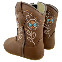 Bota Texana Infantil Walk Baby Bico Redondo Chocolate Bordado Flores Com Zíper Ref: 020-038-049