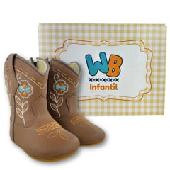 Bota Texana Infantil Walk Baby Bico Redondo Chocolate Bordado Flores Com Zíper Ref: 020-038-049