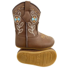 Bota Texana Infantil Walk Baby Bico Redondo Chocolate Bordado Flores Com Zíper Ref: 020-038-049