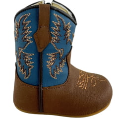 Bota Texana Infantil Walk Baby Bico Redondo Chocolate E Azul Jeans Bordado Com Zíper Ref:020-046-429
