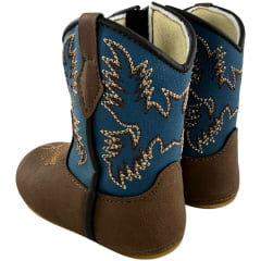 Bota Texana Infantil Walk Baby Bico Redondo Chocolate E Azul Jeans Bordado Com Zíper Ref:020-046-429