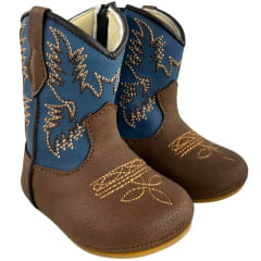 Bota Texana Infantil Walk Baby Bico Redondo Chocolate E Azul Jeans Bordado Com Zíper Ref:020-046-429
