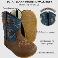 Bota Texana Infantil Walk Baby Bico Redondo Chocolate E Azul Jeans Bordado Com Zíper Ref:020-046-429
