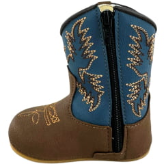 Bota Texana Infantil Walk Baby Bico Redondo Chocolate E Azul Jeans Bordado Com Zíper Ref:020-046-429
