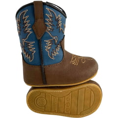 Bota Texana Infantil Walk Baby Bico Redondo Chocolate E Azul Jeans Bordado Com Zíper Ref:020-046-429