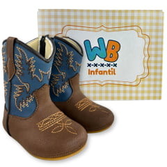 Bota Texana Infantil Walk Baby Bico Redondo Chocolate E Azul Jeans Bordado Com Zíper Ref:020-046-429