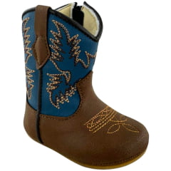 Bota Texana Infantil Walk Baby Bico Redondo Chocolate E Azul Jeans Bordado Com Zíper Ref:020-046-429