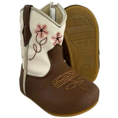 Bota Texana Infantil Walk Baby Bico Redondo Chocolate E Off White Bordado Flores Com Zíper Ref:020-053-418 Bota Texana Infantil Walk Baby Bico Redondo Chocolate E Off White Bordado Flores Com Zíper Ref:020-053-418