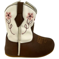 Bota Texana Infantil Walk Baby Bico Redondo Chocolate E Off White Bordado Flores Com Zíper Ref:020-053-418